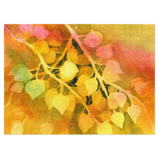 Golden Aspen jigsaw puzzle, finished, with yellow and pink aspen leaves on pale branches