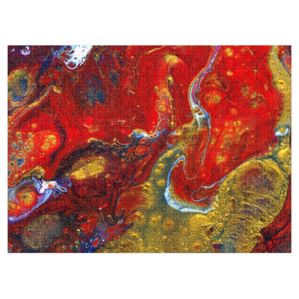 Lava Flow jigsaw puzzle, finished, with marbled red, yellow, blue and purple paint