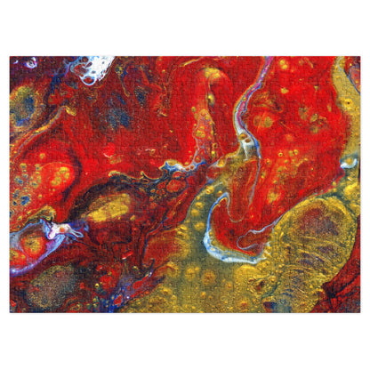 Lava Flow jigsaw puzzle, finished, with marbled red, yellow, blue and purple paint