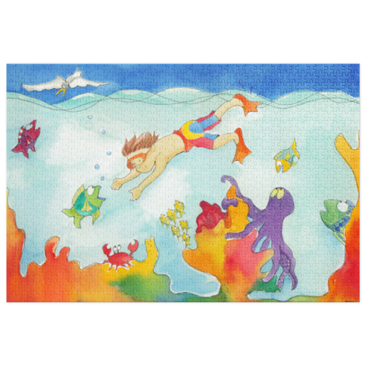 Diver jigsaw puzzle, finished, with a scuba diver, coral, fish and a purple octopus