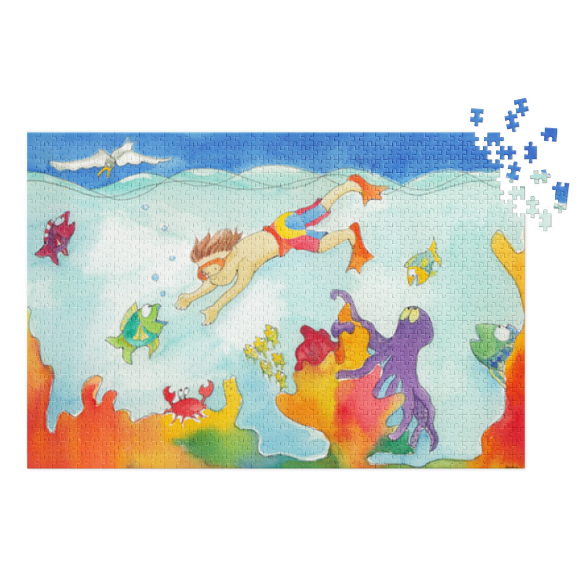 Diver jigsaw puzzle with loose pieces at one corner