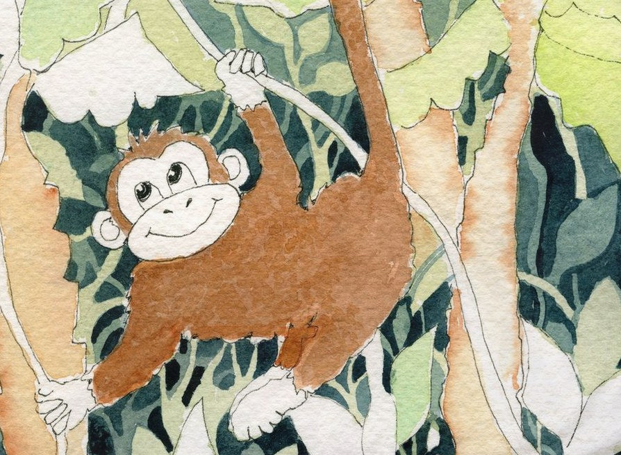 Watercolor monkey hanging from jungle vines among tropical leaves