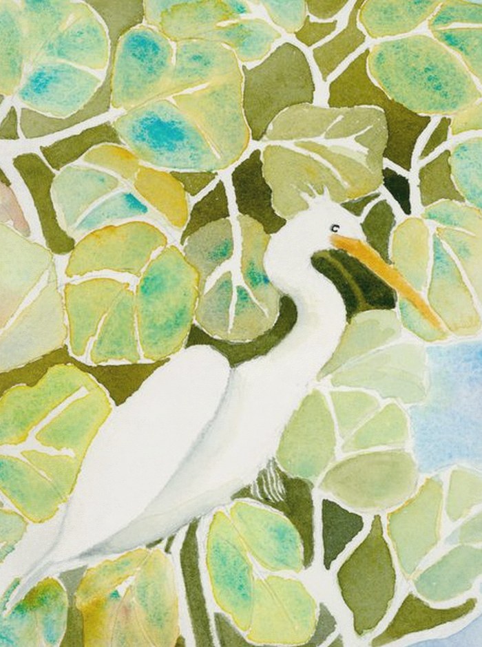 Snowy egret standing among green sea grape leaves, watercolor