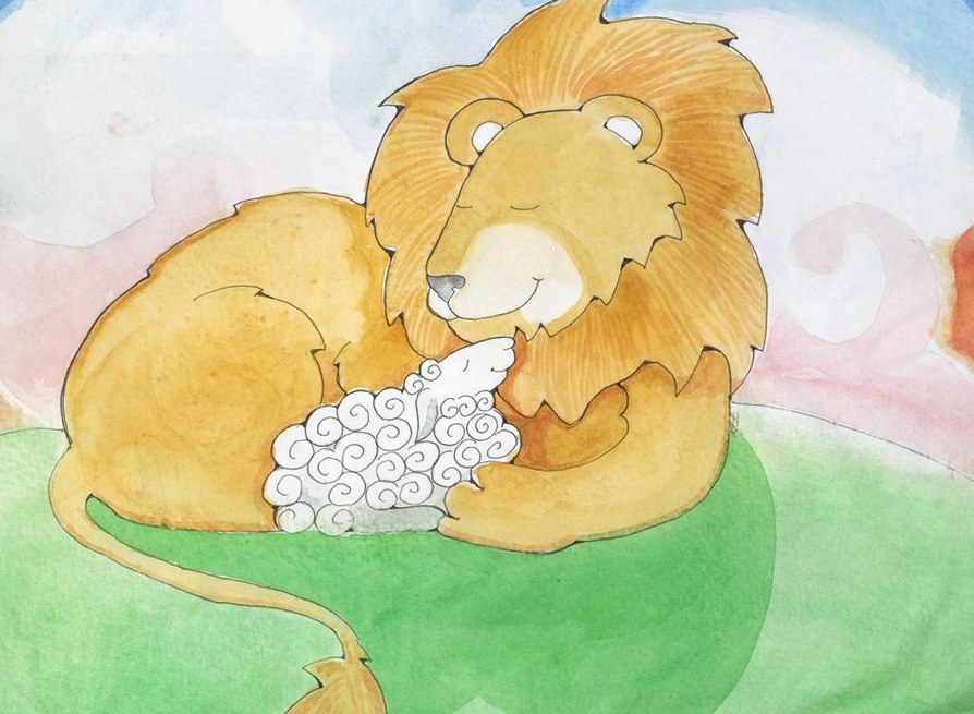 Lion curled around a sleeping lamb on a green hill, watercolor