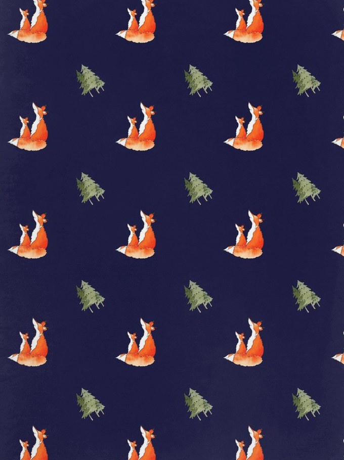 Repeating pattern of watercolor foxes and pine trees on deep navy