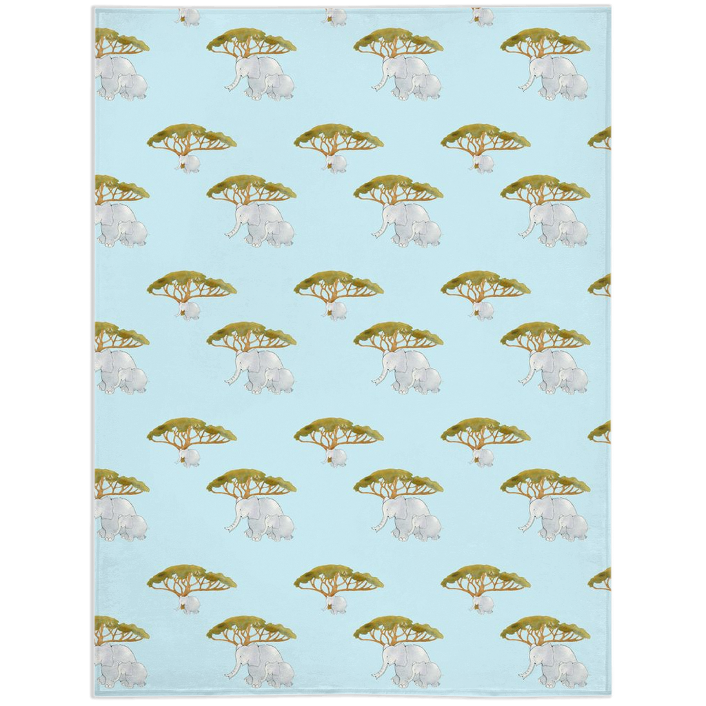 Elephant and Trees Pattern Minky Blanket (Blue)