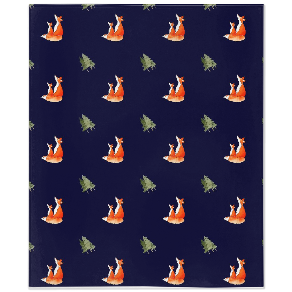 Fox and Trees  Pattern Minky Blanket (Dark Blue)