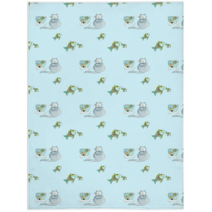 Cat and Fish  Pattern Minky Blanket (Blue)
