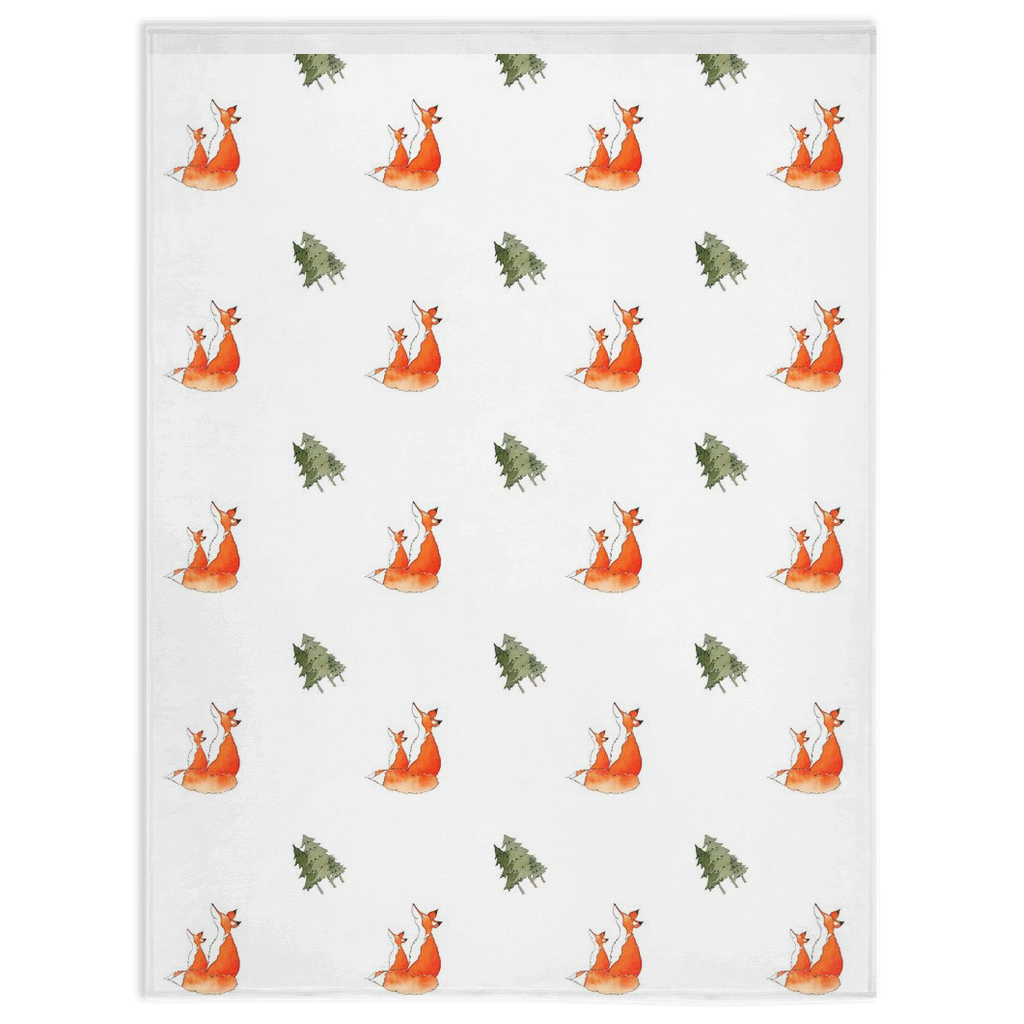 Fox and Trees  Pattern Minky Blanket (white)