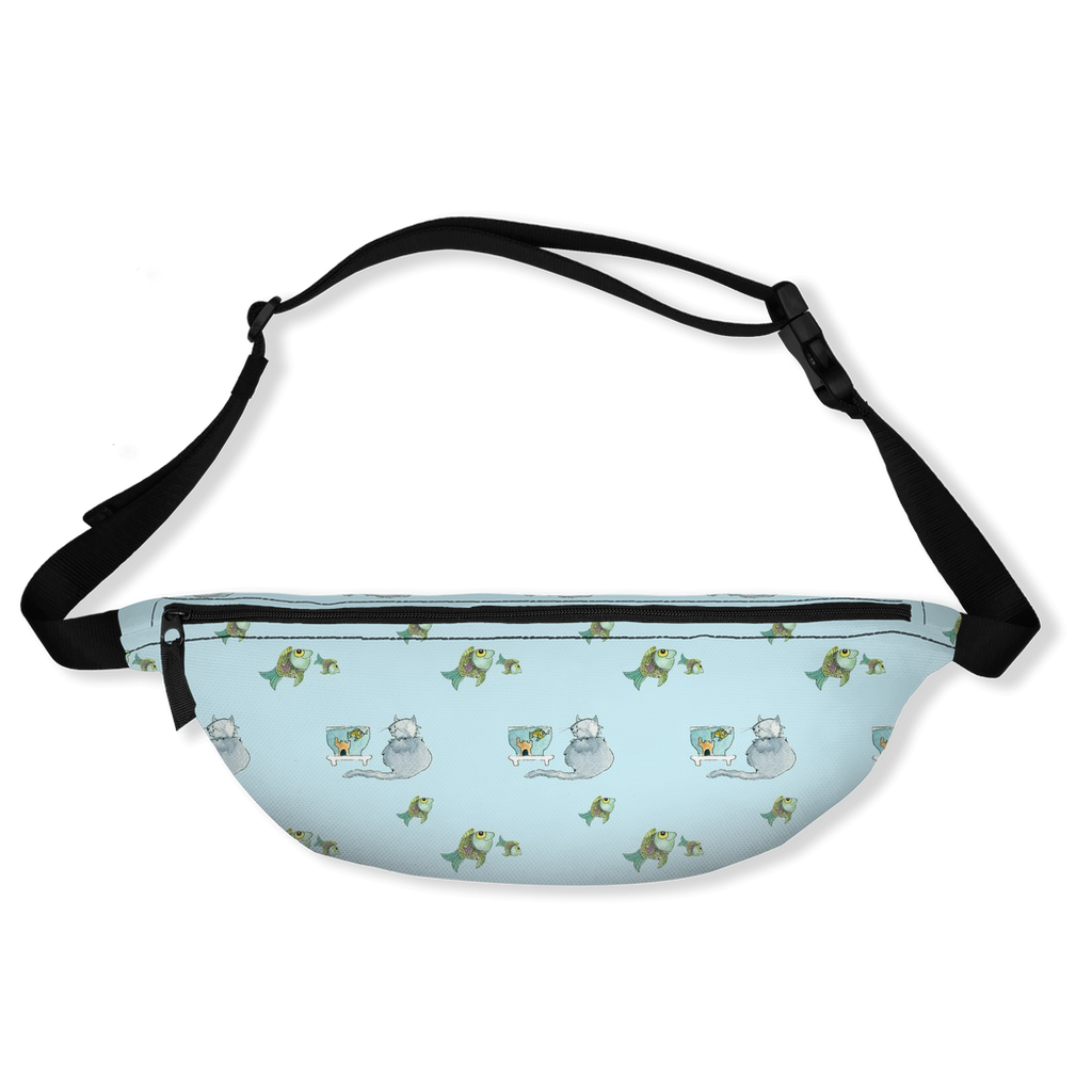 Cat and Fish Pattern Fanny Pack (Blue)