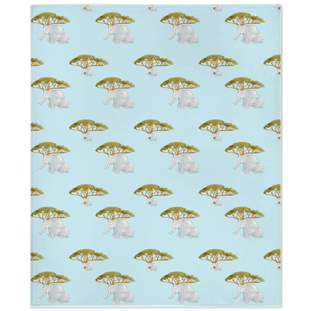 Elephant and Trees Pattern Minky Blanket (Blue)
