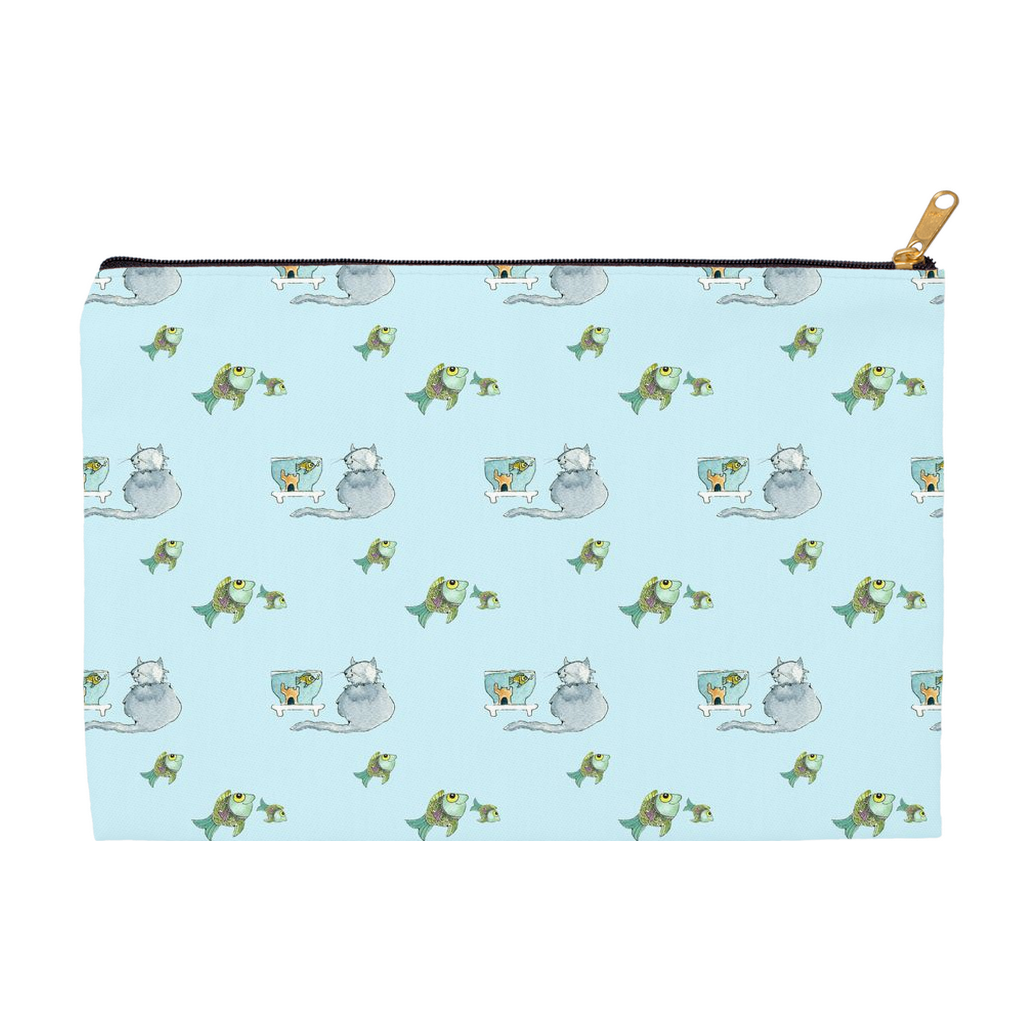 Cat and Fish Pattern Accessory Pouch (Blue)