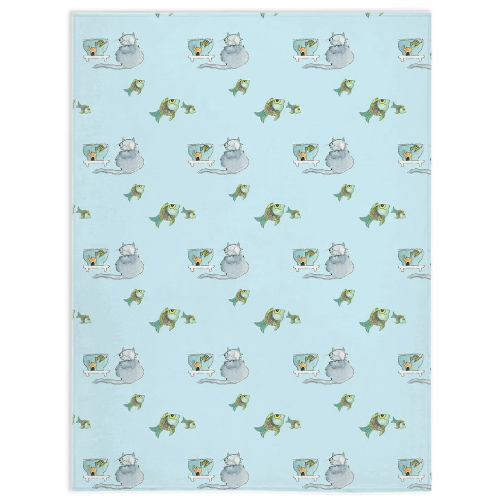 Happy Cat Pattern Minky Blanket (Blue)