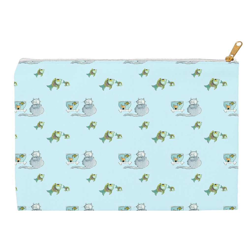 Cat and Fish Pattern Accessory Pouch (Blue)