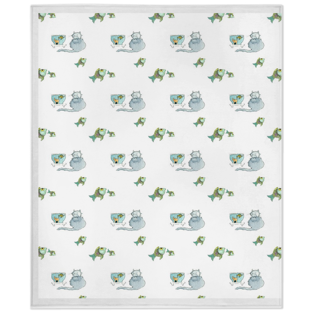 Cat and Fish  Pattern Minky Blanket (White)