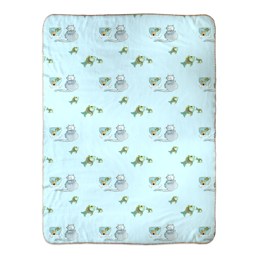 Cats and Fish Sherpa Blanket - (Blue)