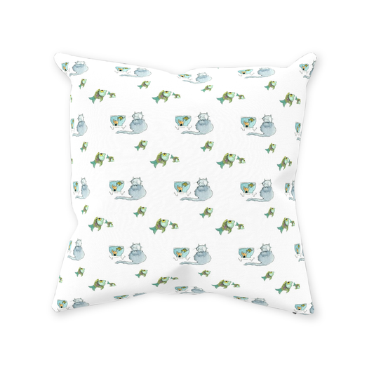 Cat and Fish Throw Pillow (white)